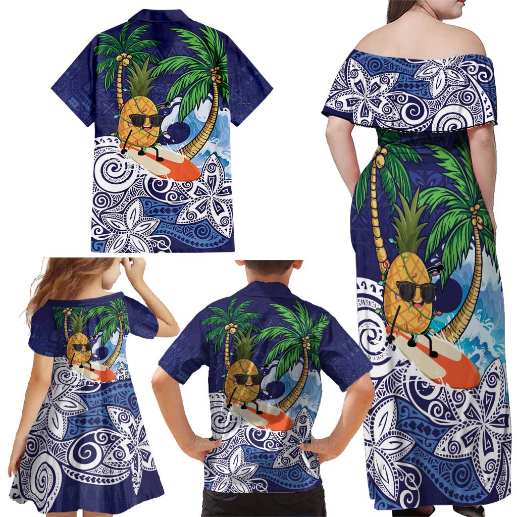 Tropical Christmas Polynesian Family Matching Off Shoulder Maxi Dress and Hawaiian Shirt Funny Surfing Pineapple Blue LT7 - Polynesian Pride
