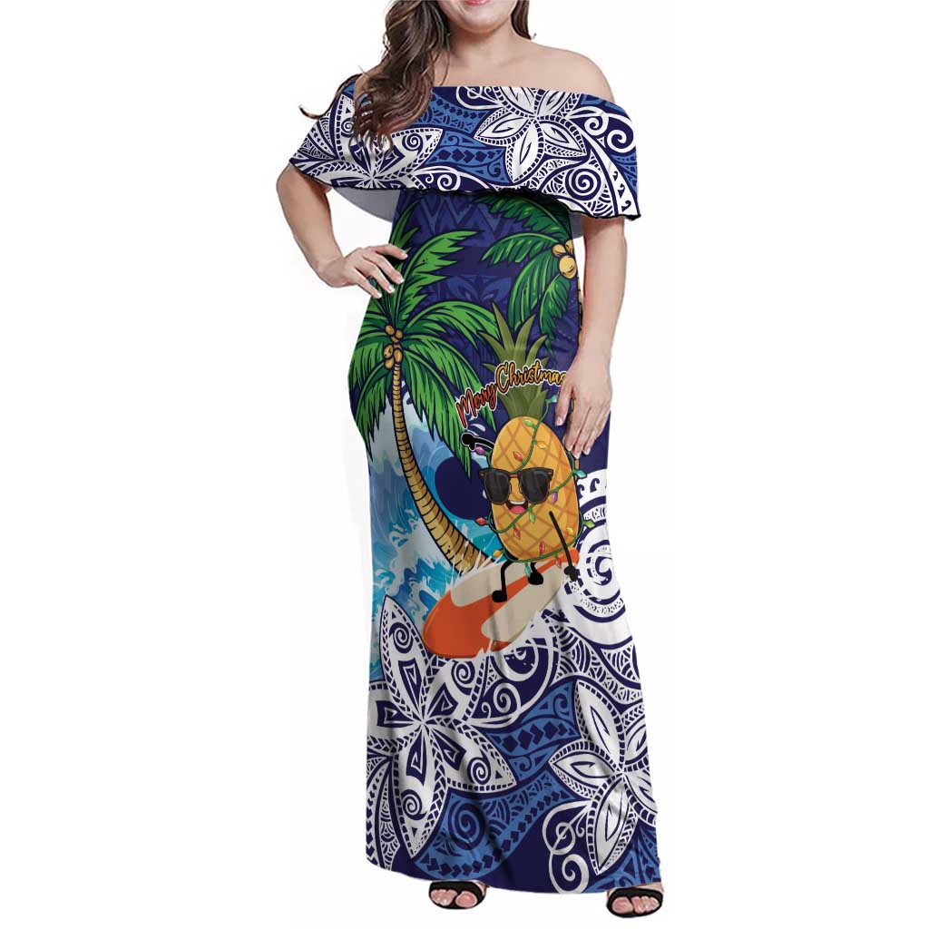 Tropical Christmas Polynesian Family Matching Off Shoulder Maxi Dress and Hawaiian Shirt Funny Surfing Pineapple Blue LT7 Mom's Dress Blue - Polynesian Pride