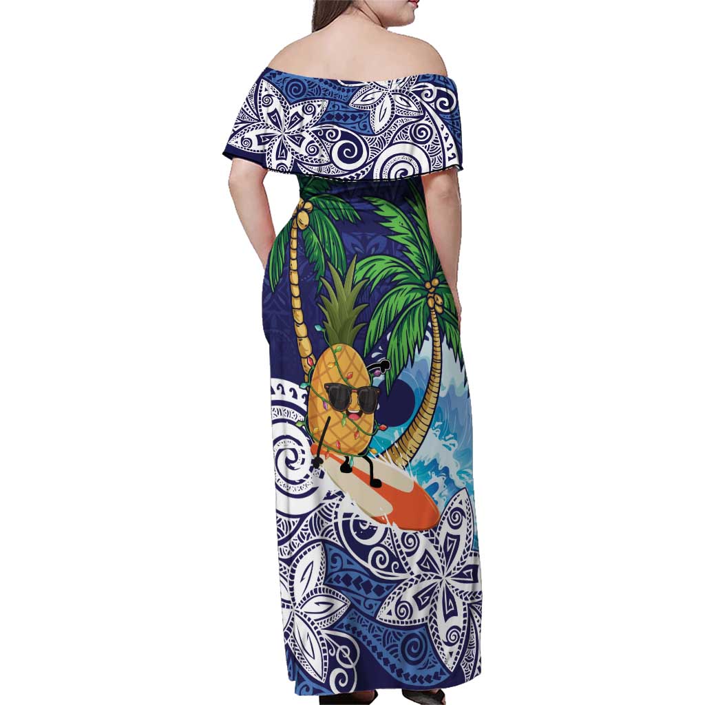Tropical Christmas Polynesian Family Matching Off Shoulder Maxi Dress and Hawaiian Shirt Funny Surfing Pineapple Blue LT7 - Polynesian Pride