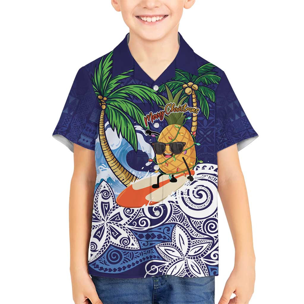 Tropical Christmas Polynesian Family Matching Off Shoulder Maxi Dress and Hawaiian Shirt Funny Surfing Pineapple Blue LT7 Son's Shirt Blue - Polynesian Pride