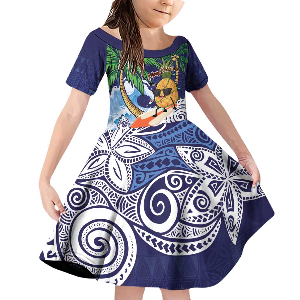 Tropical Christmas Polynesian Family Matching Off Shoulder Short Dress and Hawaiian Shirt Funny Surfing Pineapple Blue LT7 Daughter's Dress Blue - Polynesian Pride