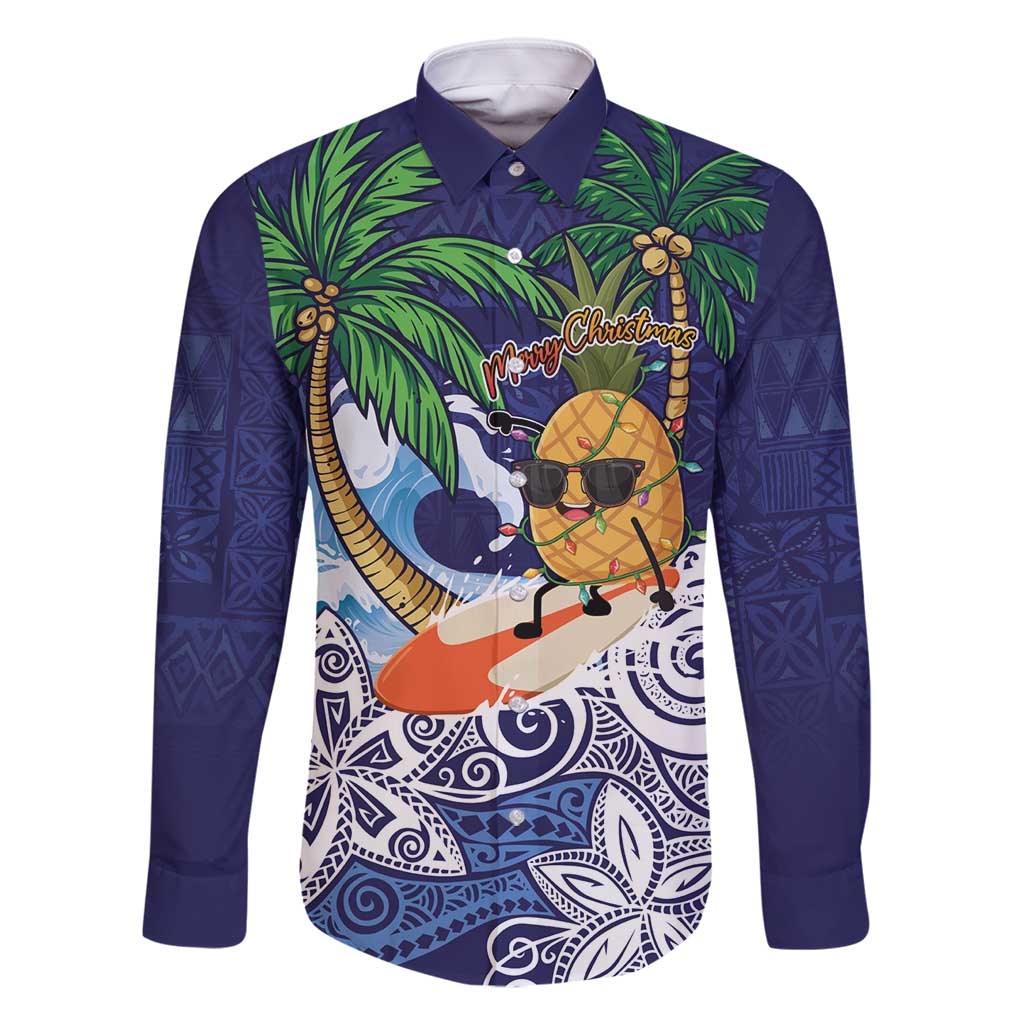Tropical Christmas Polynesian Family Matching Off Shoulder Short Dress and Hawaiian Shirt Funny Surfing Pineapple Blue LT7 Dad's Shirt - Long Sleeve Blue - Polynesian Pride