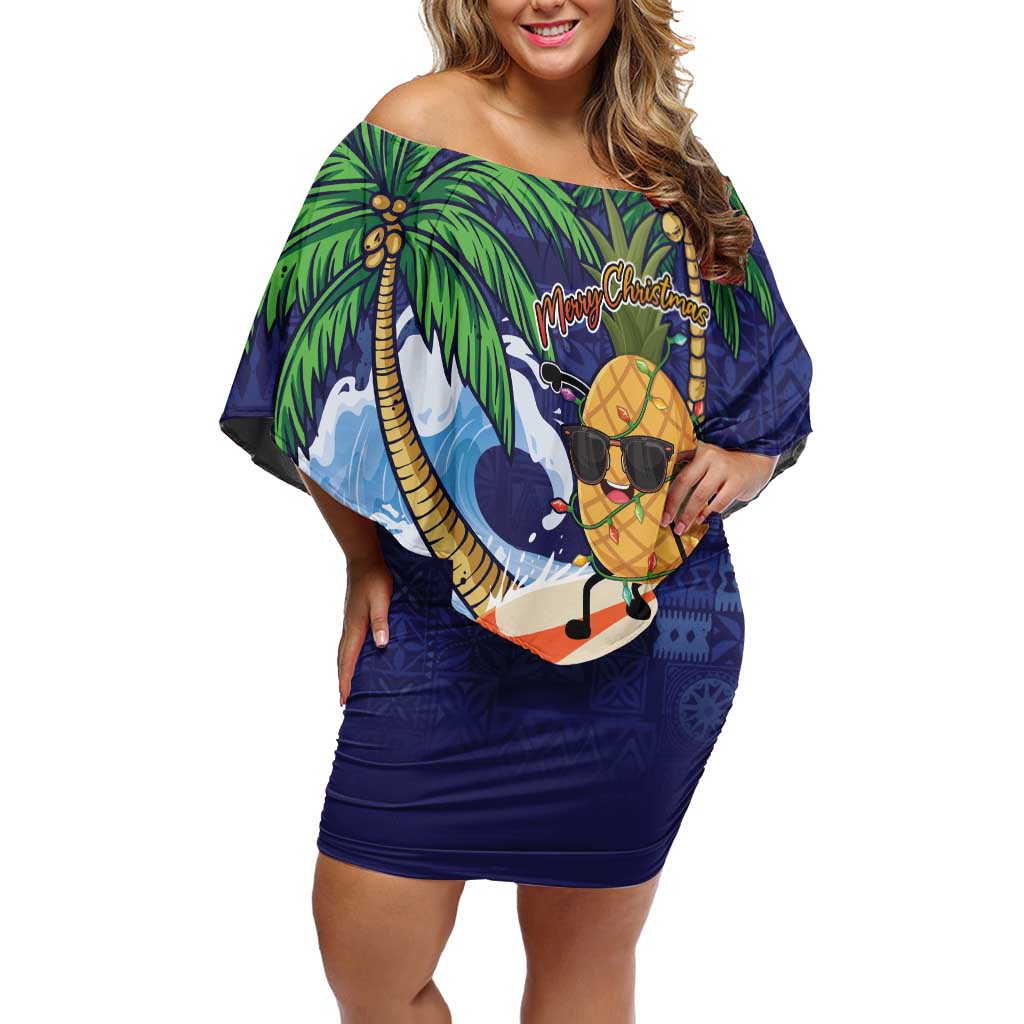 Tropical Christmas Polynesian Family Matching Off Shoulder Short Dress and Hawaiian Shirt Funny Surfing Pineapple Blue LT7 Mom's Dress Blue - Polynesian Pride