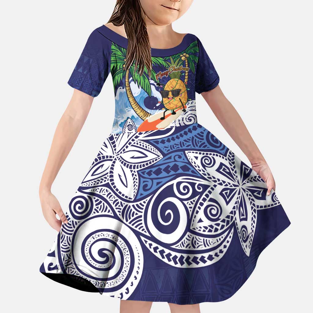 Tropical Christmas Polynesian Family Matching Puletasi and Hawaiian Shirt Funny Surfing Pineapple Blue LT7 Daughter's Dress Blue - Polynesian Pride