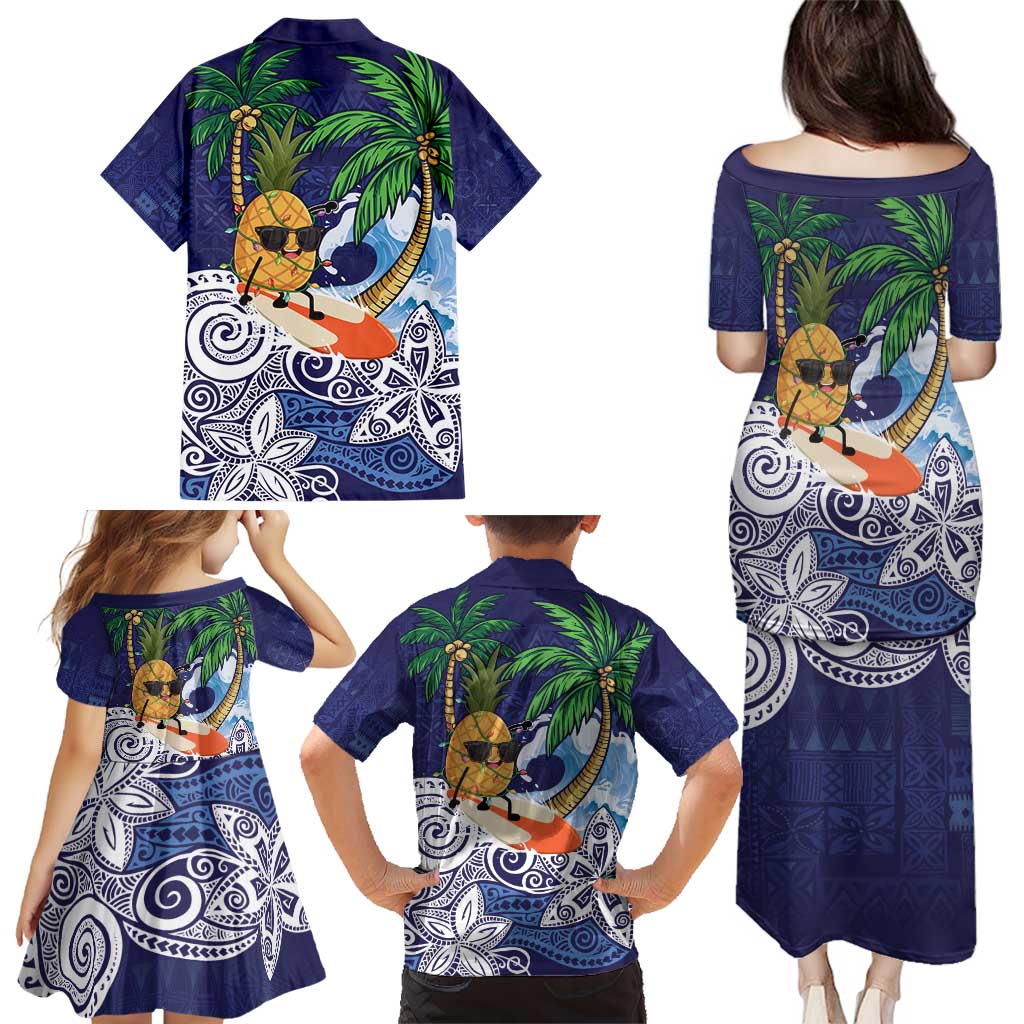 Tropical Christmas Polynesian Family Matching Puletasi and Hawaiian Shirt Funny Surfing Pineapple Blue LT7 - Polynesian Pride