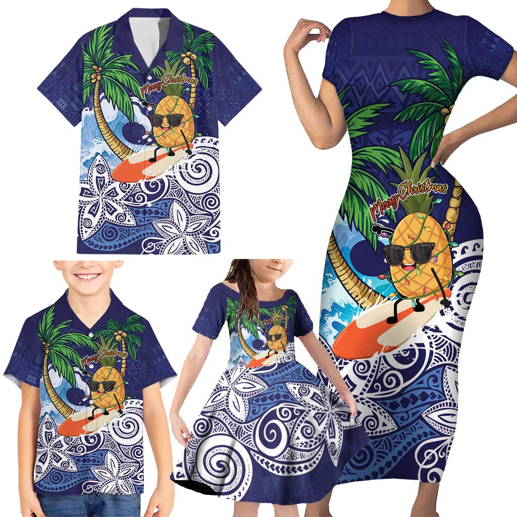 Tropical Christmas Polynesian Family Matching Short Sleeve Bodycon Dress and Hawaiian Shirt Funny Surfing Pineapple Blue LT7 - Polynesian Pride