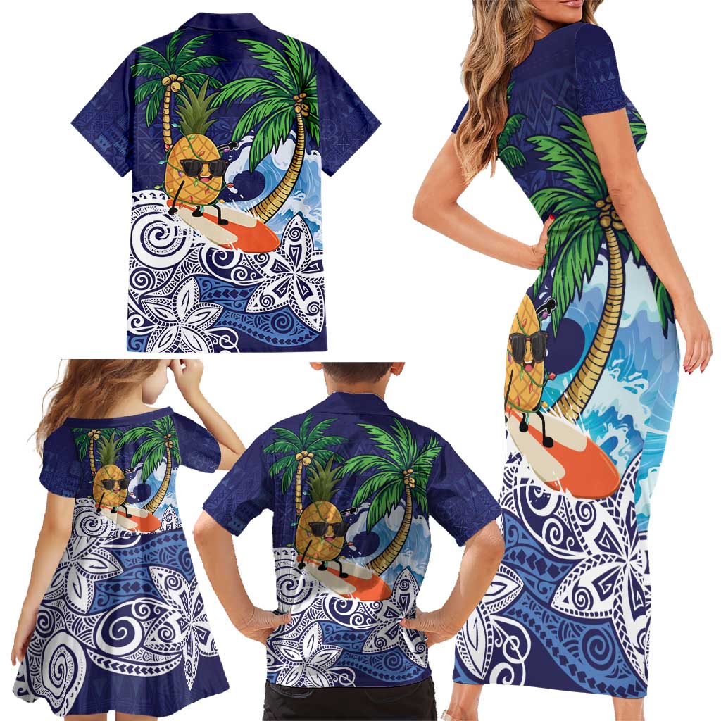 Tropical Christmas Polynesian Family Matching Short Sleeve Bodycon Dress and Hawaiian Shirt Funny Surfing Pineapple Blue LT7 - Polynesian Pride