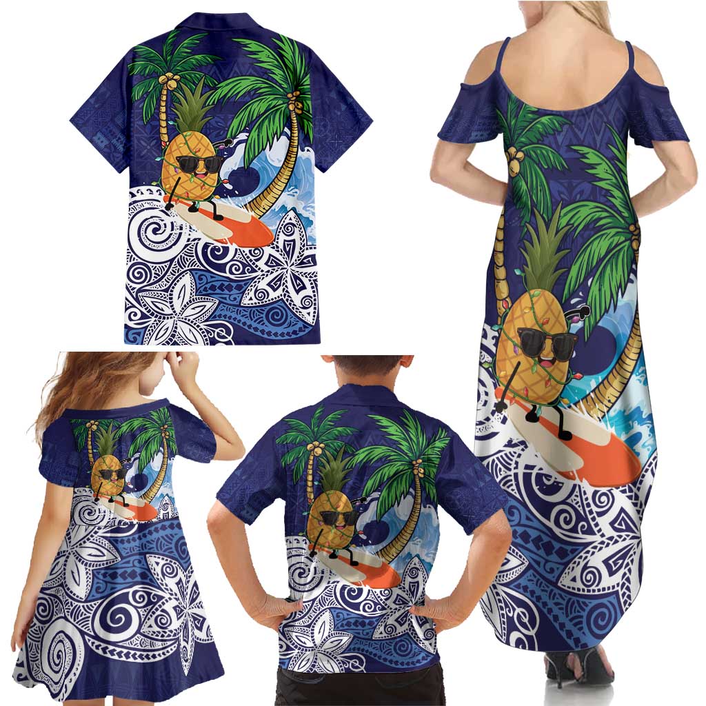 Tropical Christmas Polynesian Family Matching Summer Maxi Dress and Hawaiian Shirt Funny Surfing Pineapple Blue LT7 - Polynesian Pride