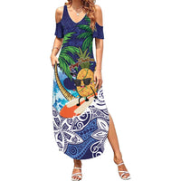 Tropical Christmas Polynesian Family Matching Summer Maxi Dress and Hawaiian Shirt Funny Surfing Pineapple Blue LT7 Mom's Dress Blue - Polynesian Pride