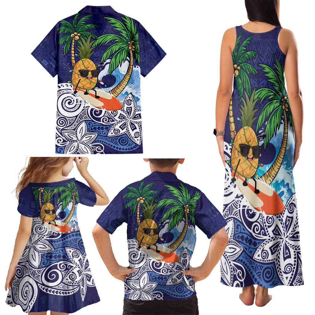 Tropical Christmas Polynesian Family Matching Tank Maxi Dress and Hawaiian Shirt Funny Surfing Pineapple Blue LT7 - Polynesian Pride