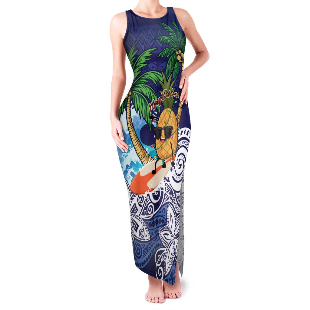 Tropical Christmas Polynesian Family Matching Tank Maxi Dress and Hawaiian Shirt Funny Surfing Pineapple Blue LT7 Mom's Dress Blue - Polynesian Pride
