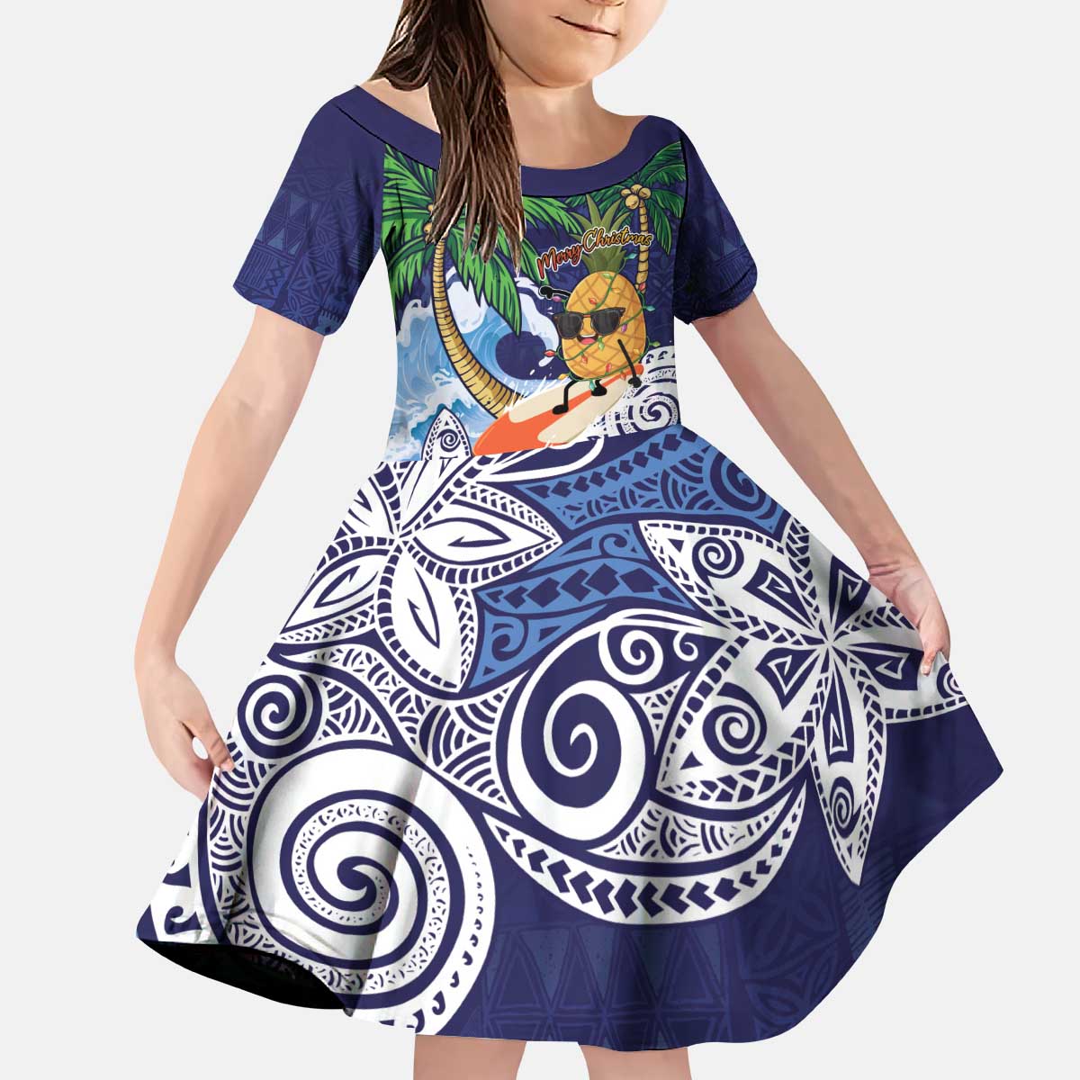 Tropical Christmas Polynesian Kid Short Sleeve Dress Funny Surfing Pineapple Blue LT7 KID Blue - Polynesian Pride