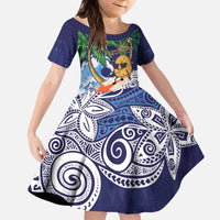 Tropical Christmas Polynesian Kid Short Sleeve Dress Funny Surfing Pineapple Blue LT7 KID Blue - Polynesian Pride