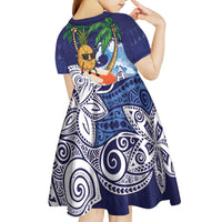 Tropical Christmas Polynesian Kid Short Sleeve Dress Funny Surfing Pineapple Blue LT7 - Polynesian Pride