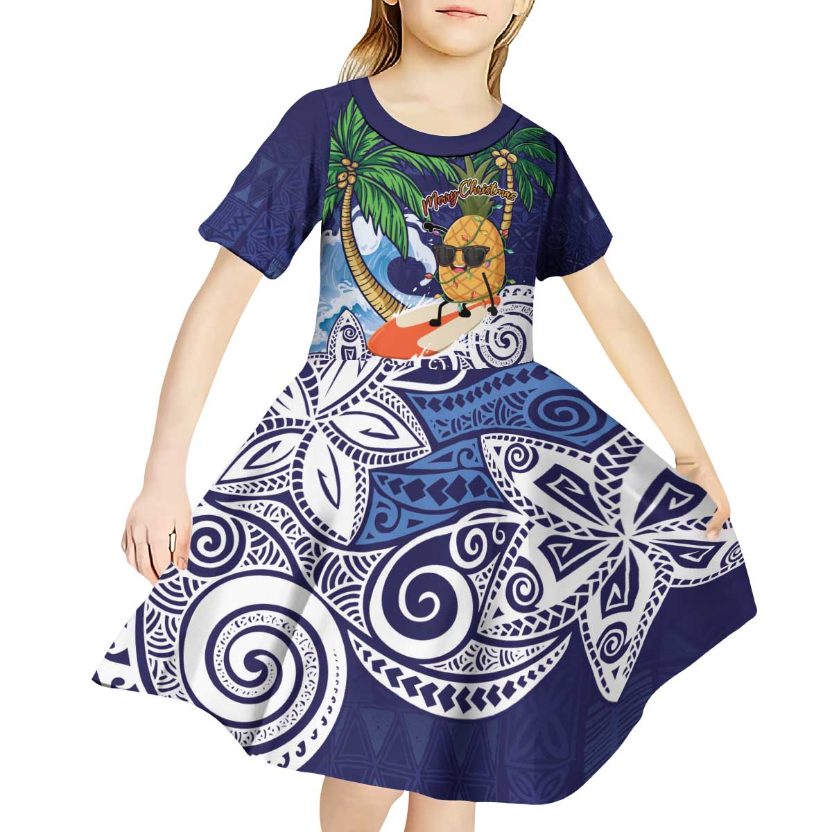 Tropical Christmas Polynesian Kid Short Sleeve Dress Funny Surfing Pineapple Blue LT7 - Polynesian Pride