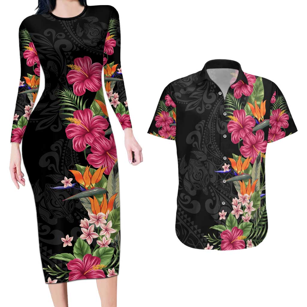 Hawaii Flowers Tribal Pattern Couple Long Sleeve Bodycon Dress and Hawaiian Shirt LT9 Art - Polynesian Pride