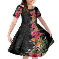 Hawaii Flowers Tribal Pattern Family Matching Tank Maxi Dress and Hawaiian Shirt LT9 Daughter's Dress Brown - Polynesian Pride