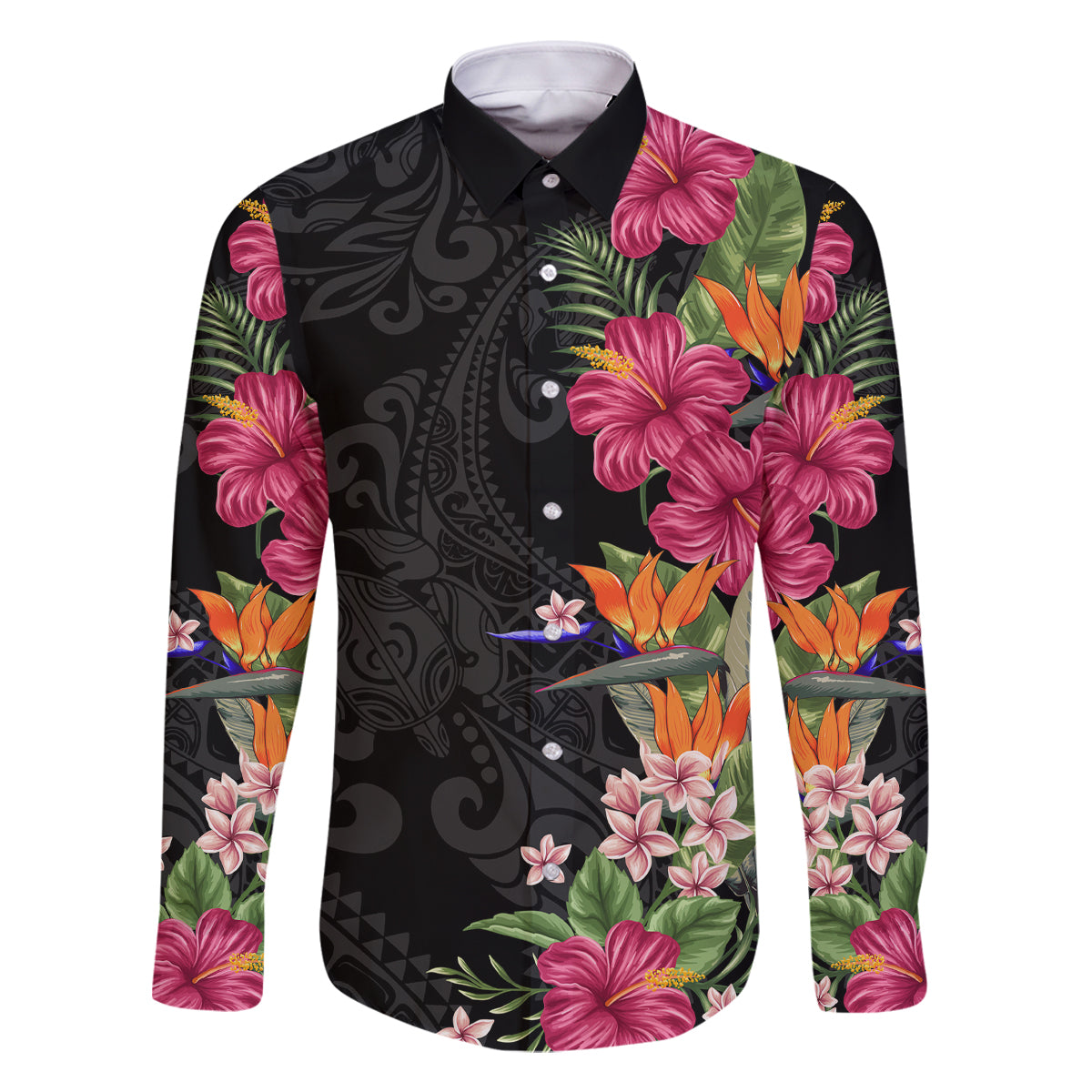 Hawaii Flowers Tribal Pattern Family Matching Tank Maxi Dress and Hawaiian Shirt LT9 Dad's Shirt - Long Sleeve Brown - Polynesian Pride