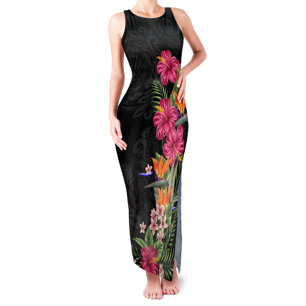 Hawaii Flowers Tribal Pattern Family Matching Tank Maxi Dress and Hawaiian Shirt LT9 Mom's Dress Brown - Polynesian Pride