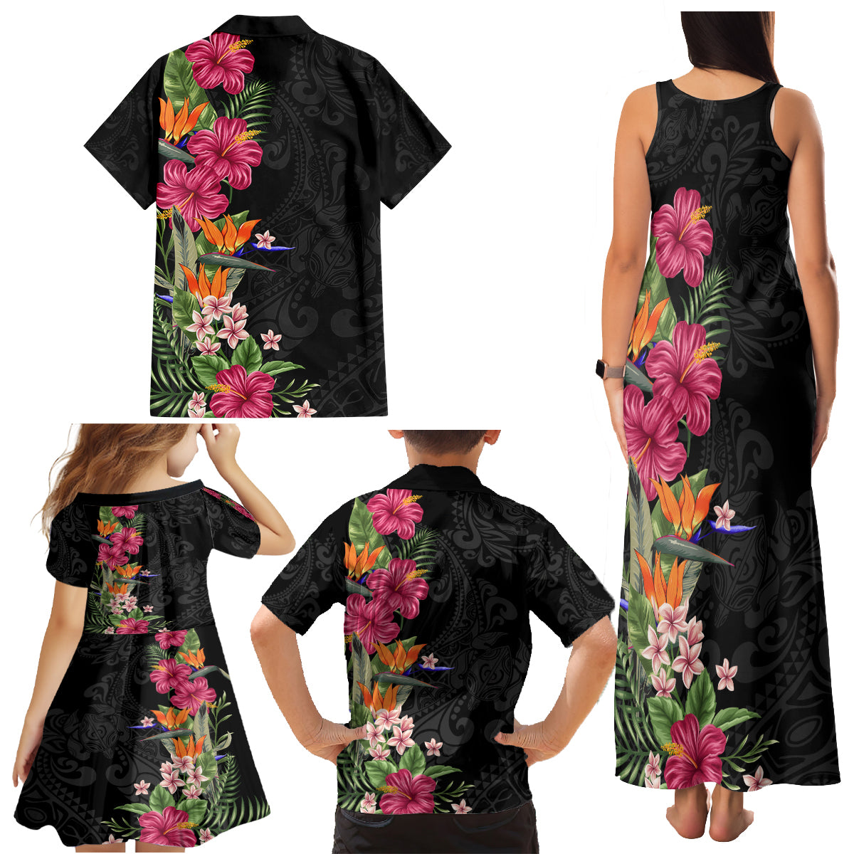 Hawaii Flowers Tribal Pattern Family Matching Tank Maxi Dress and Hawaiian Shirt LT9 - Polynesian Pride