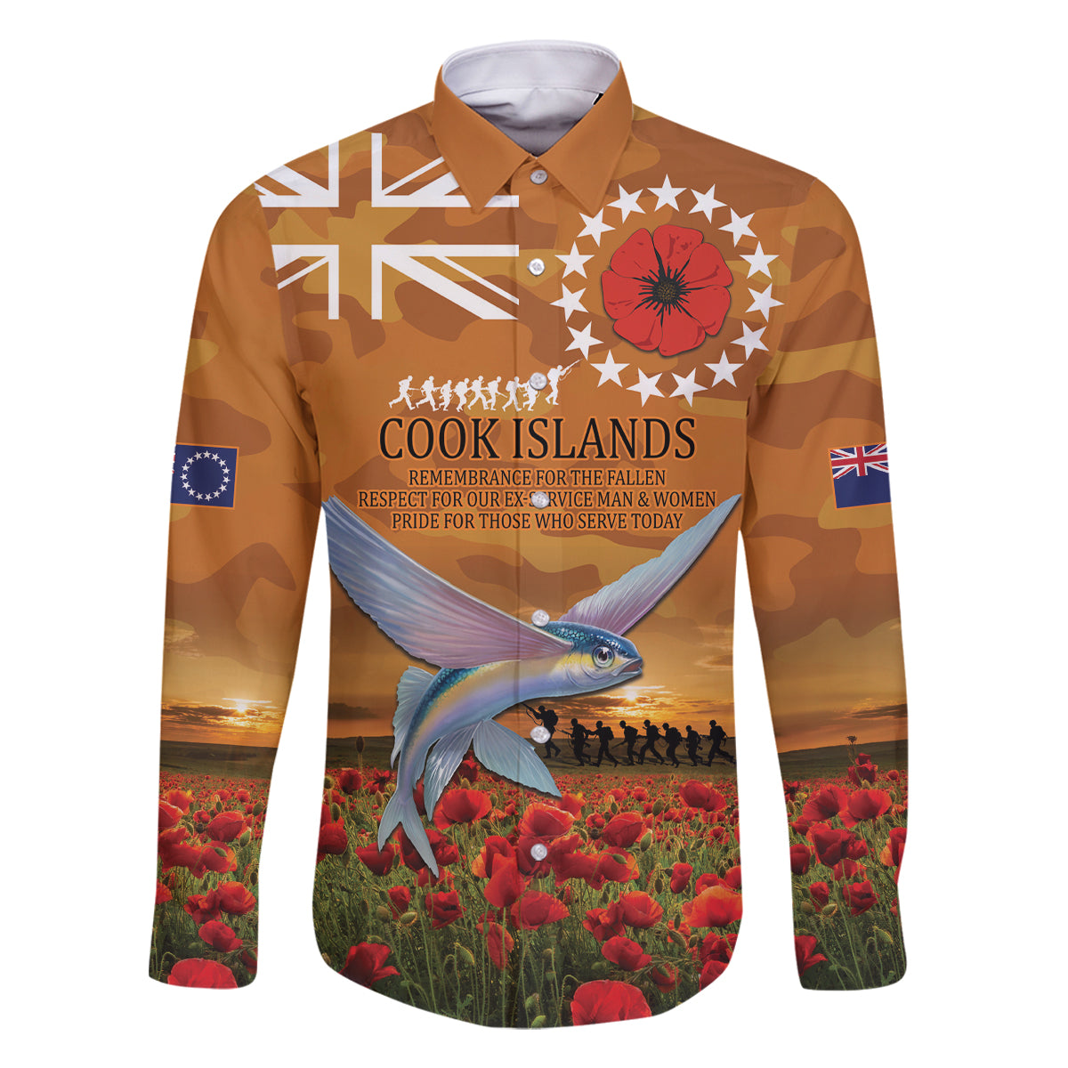 Cook Islands ANZAC Day Personalised Family Matching Mermaid Dress and Hawaiian Shirt with Poppy Field LT9 Dad's Shirt - Long Sleeve Art - Polynesian Pride