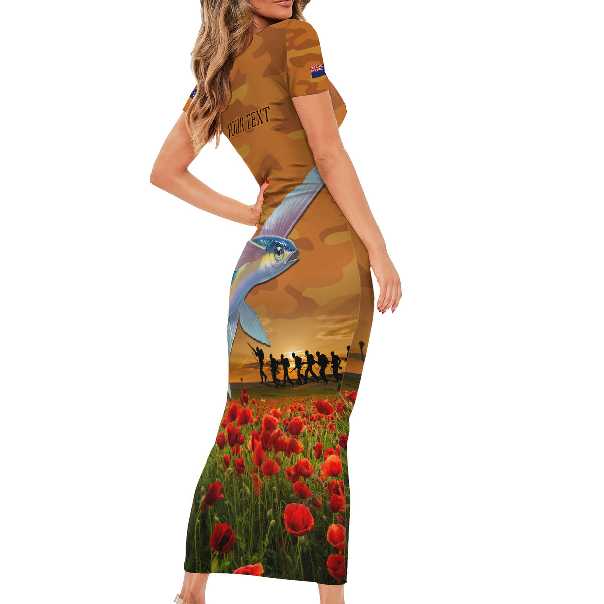 Cook Islands ANZAC Day Personalised Short Sleeve Bodycon Dress with Poppy Field LT9 - Polynesian Pride
