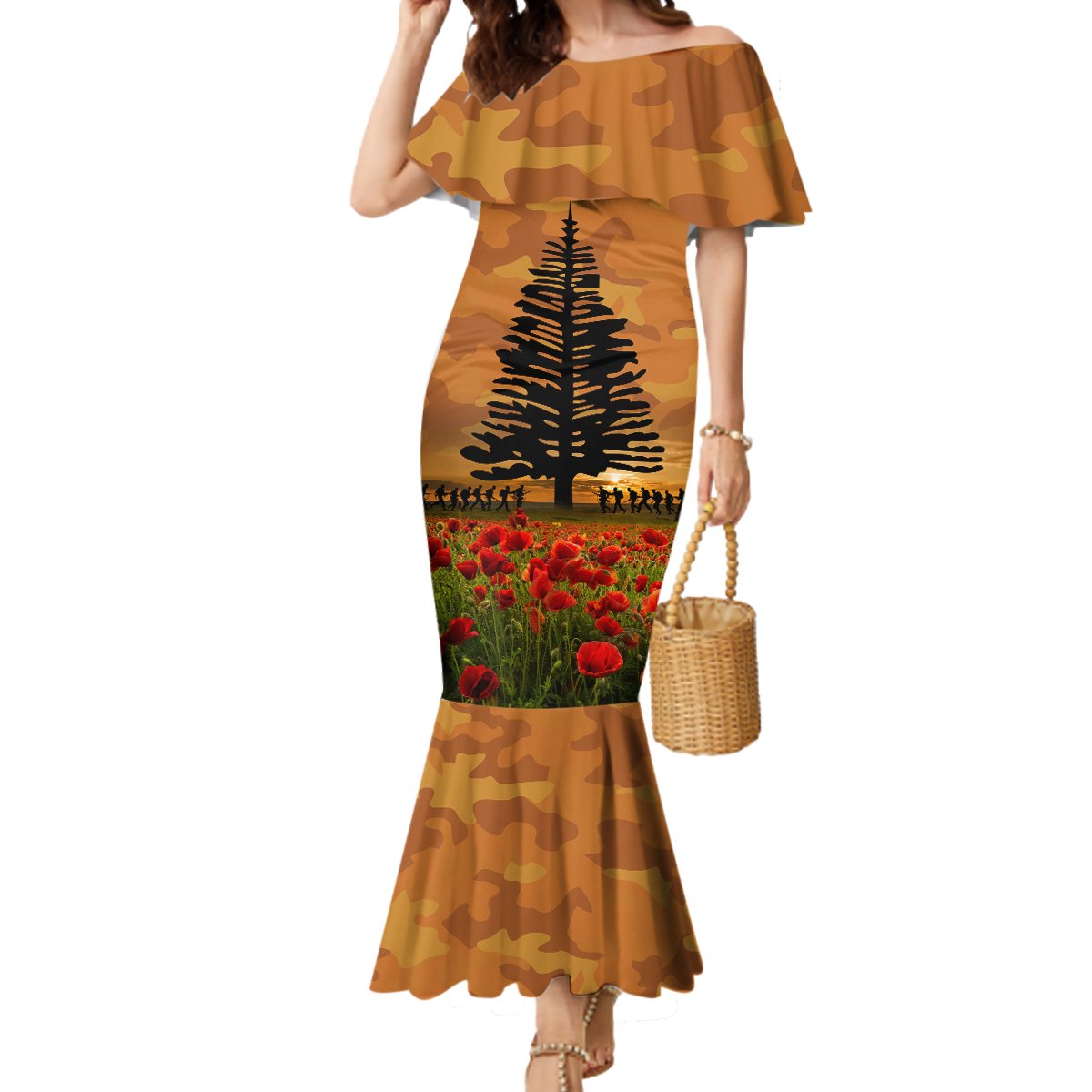 Norfolk Island ANZAC Day Personalised Mermaid Dress with Poppy Field LT9 Women Art - Polynesian Pride
