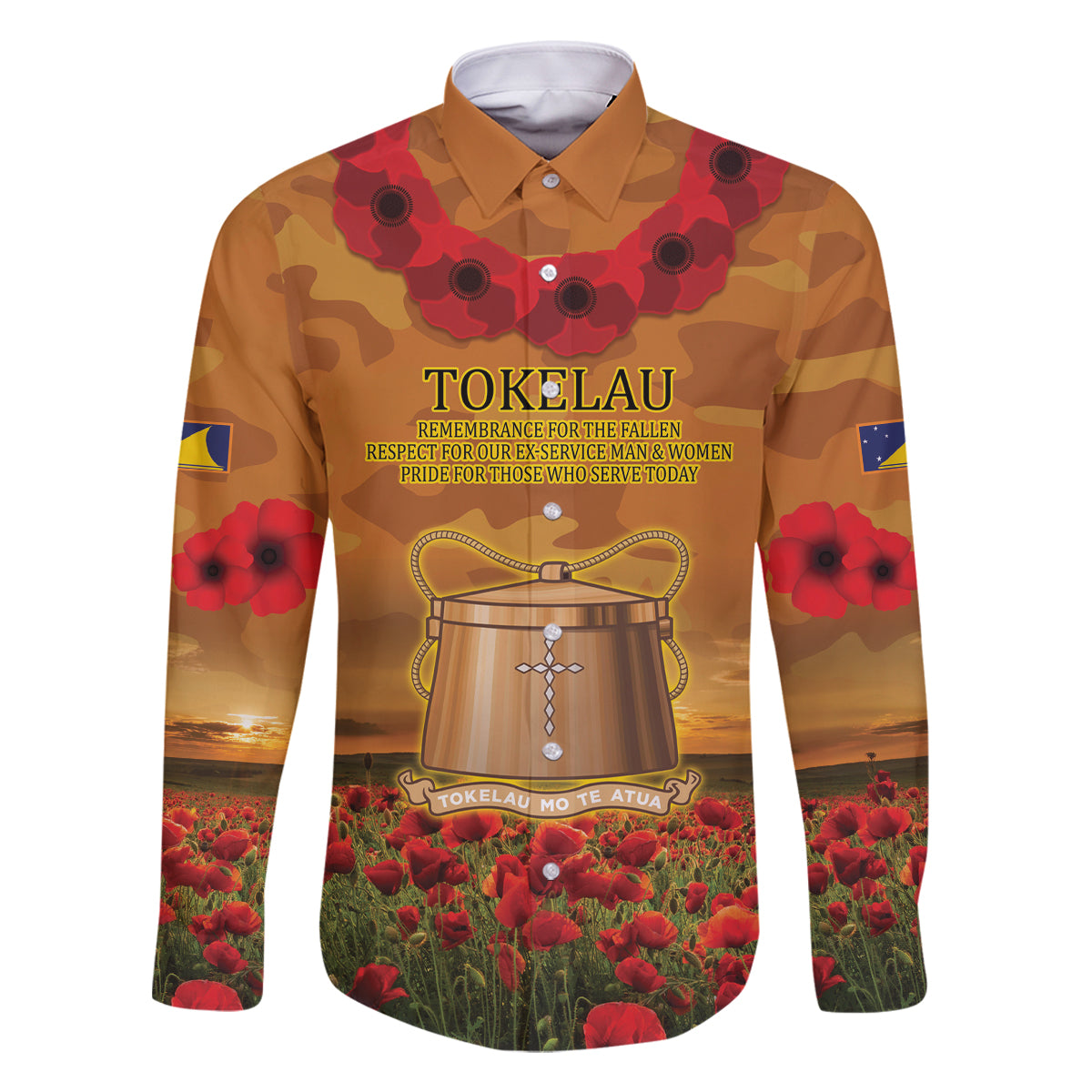 Tokelau ANZAC Day Personalised Family Matching Off Shoulder Short Dress and Hawaiian Shirt with Poppy Field LT9 Dad's Shirt - Long Sleeve Art - Polynesian Pride