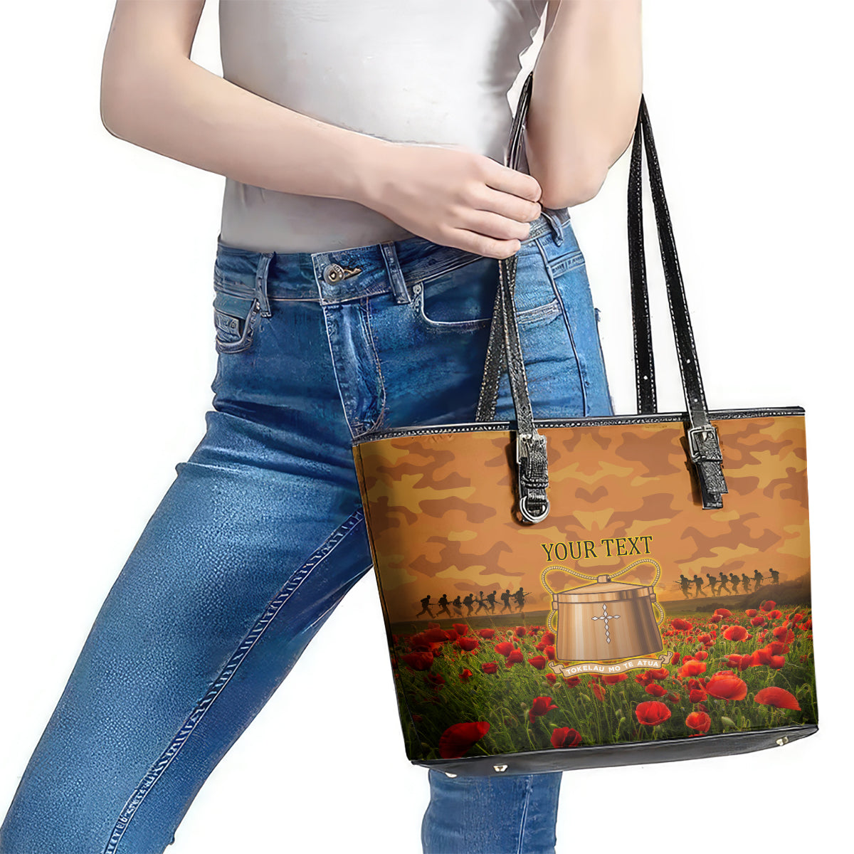 Tokelau ANZAC Day Personalised Leather Tote Bag with Poppy Field LT9 - Polynesian Pride