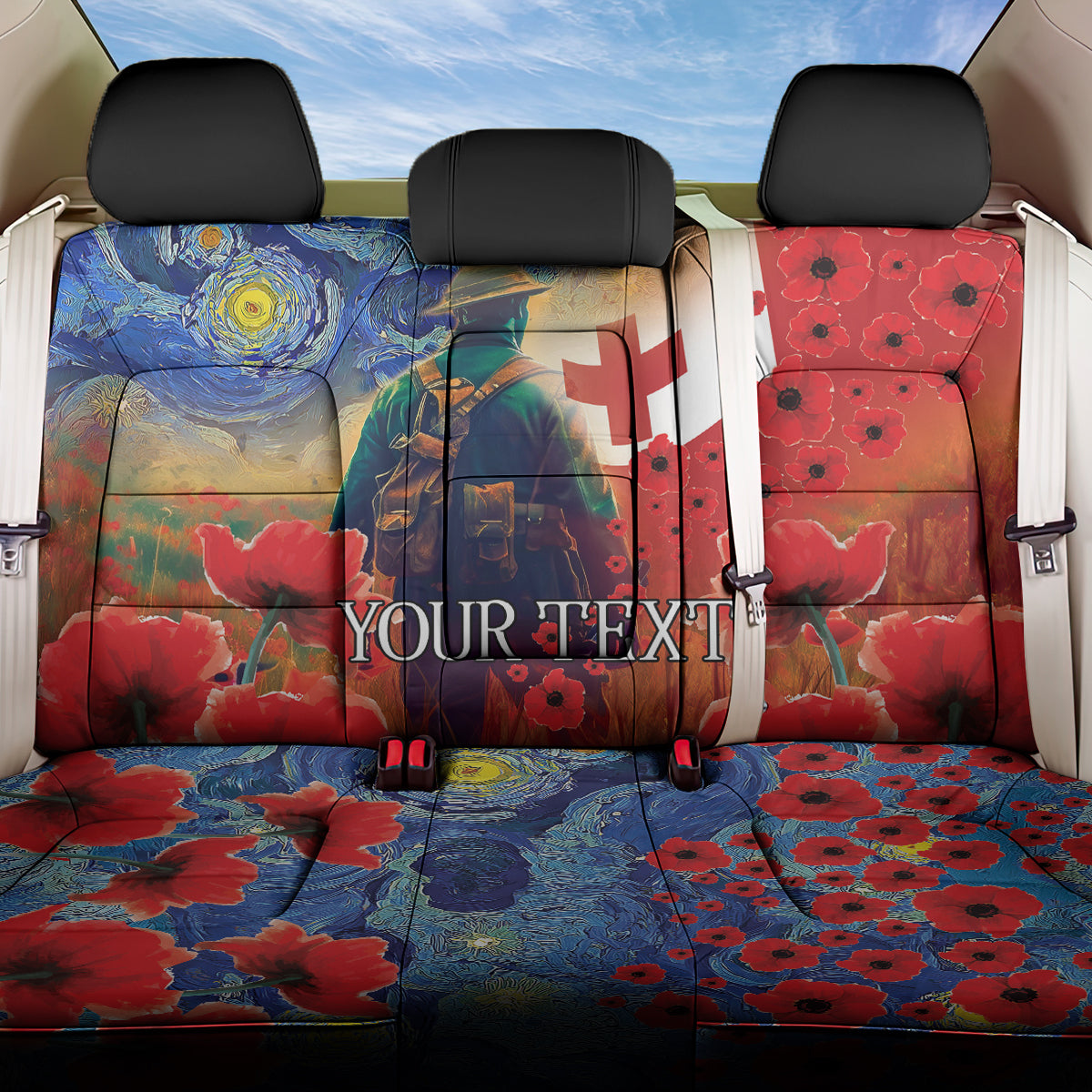 Tonga ANZAC Day Personalised Back Car Seat Cover Soldier Te Tau Manatui Kinautolu with Poppy Field LT9 One Size Art - Polynesian Pride