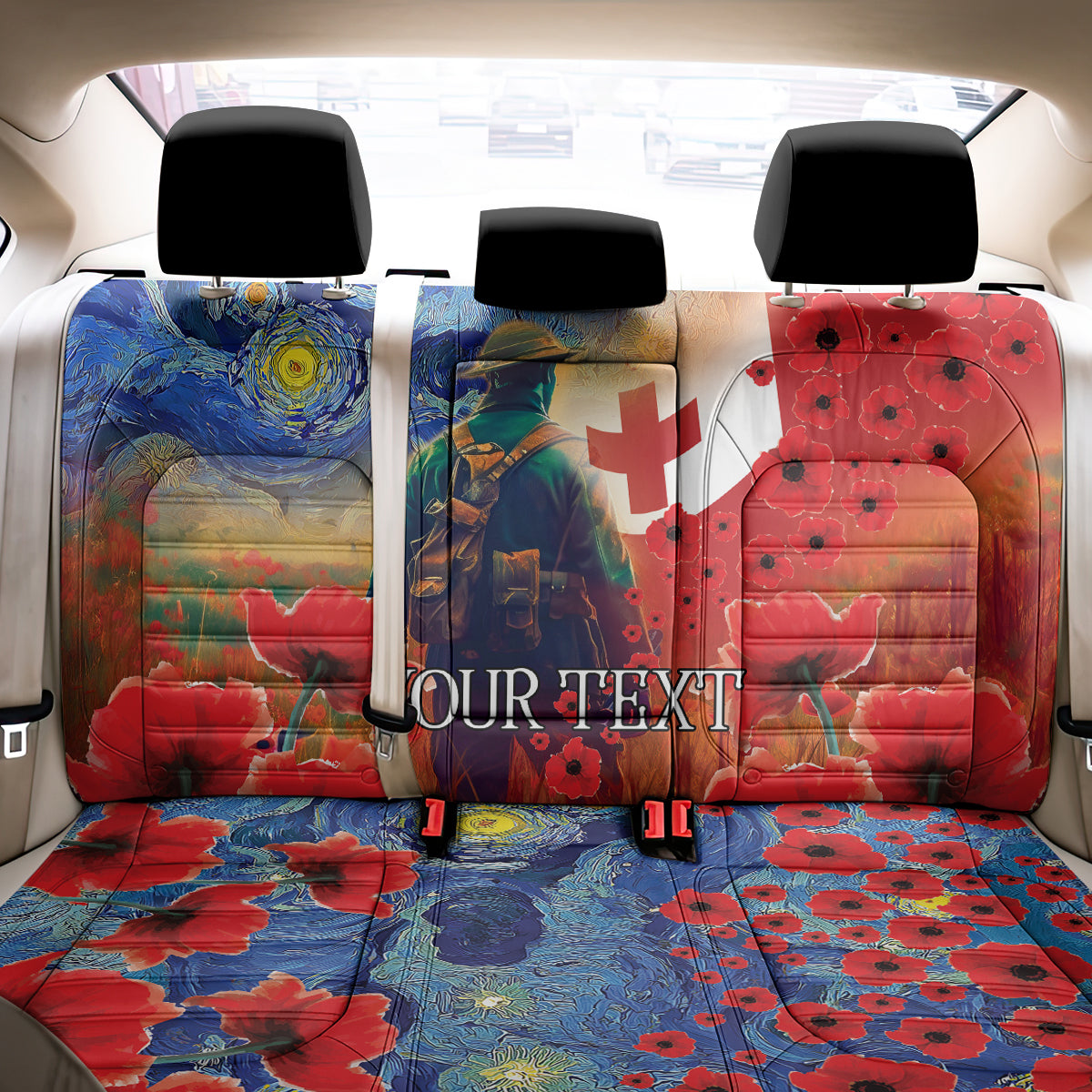 Tonga ANZAC Day Personalised Back Car Seat Cover Soldier Te Tau Manatui Kinautolu with Poppy Field LT9 - Polynesian Pride