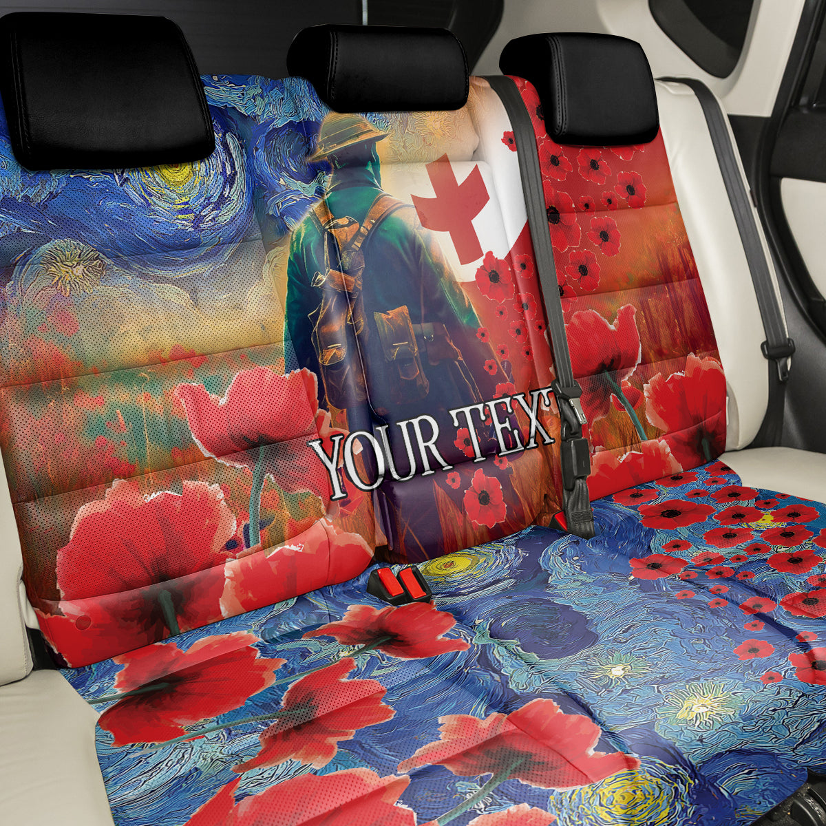 Tonga ANZAC Day Personalised Back Car Seat Cover Soldier Te Tau Manatui Kinautolu with Poppy Field LT9 - Polynesian Pride
