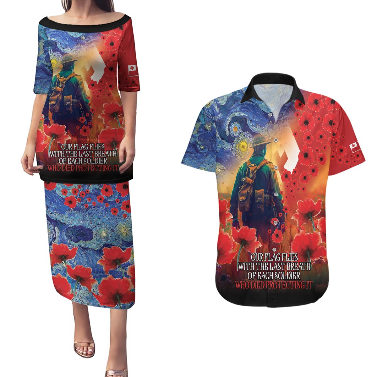 Tonga ANZAC Day Personalised Couples Matching Puletasi and Hawaiian Shirt Soldier Te Tau Manatui Kinautolu with Poppy Field LT9 Art - Polynesian Pride