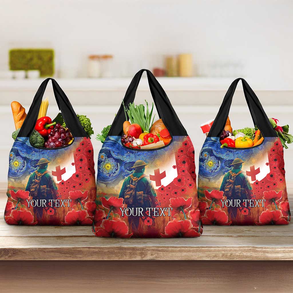 Tonga ANZAC Day Personalised Grocery Bag Soldier Te Tau Manatui Kinautolu with Poppy Field LT9 3-pack One Size Art - Polynesian Pride