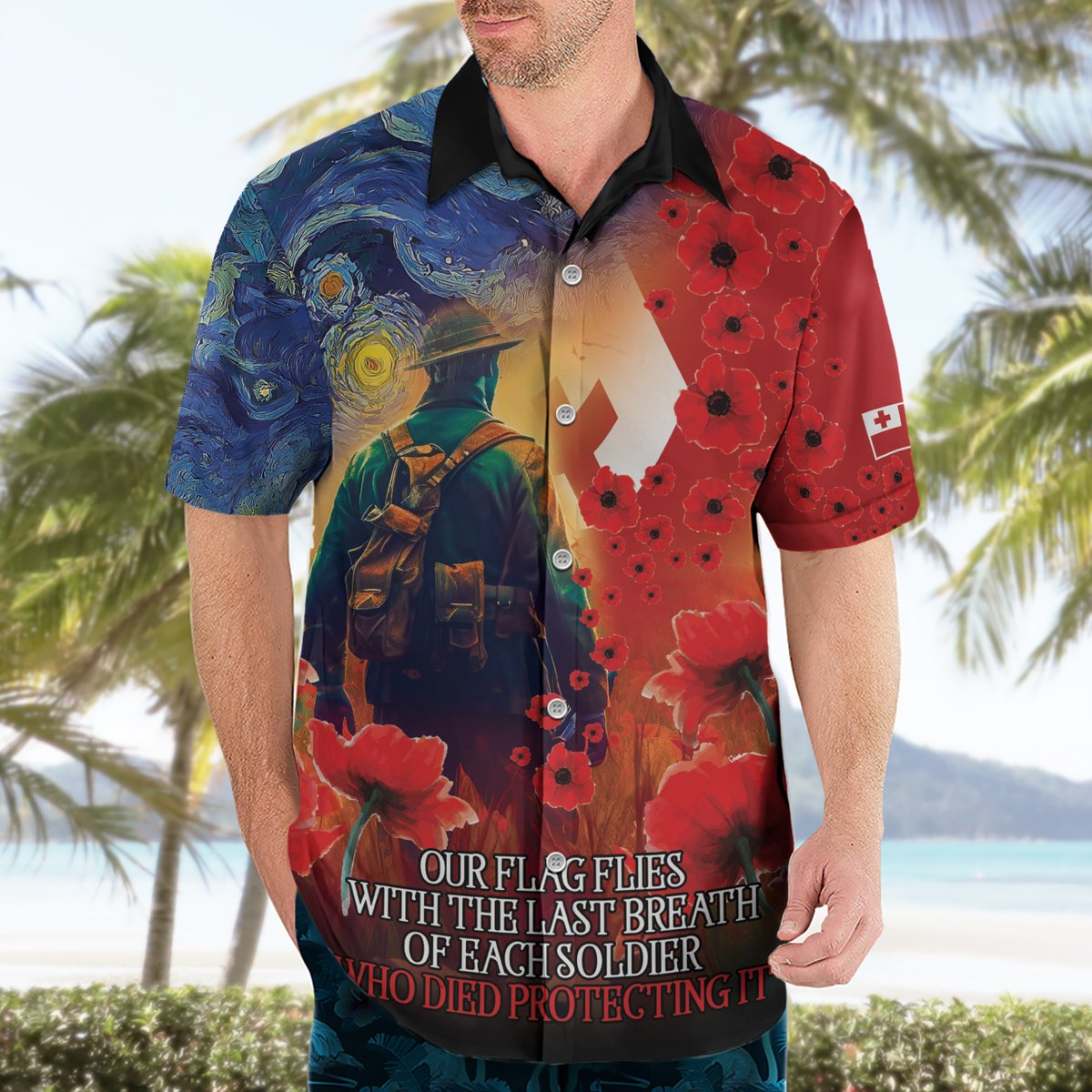 Tonga ANZAC Day Personalised Hawaiian Shirt Soldier Te Tau Manatui Kinautolu with Poppy Field LT9 - Polynesian Pride