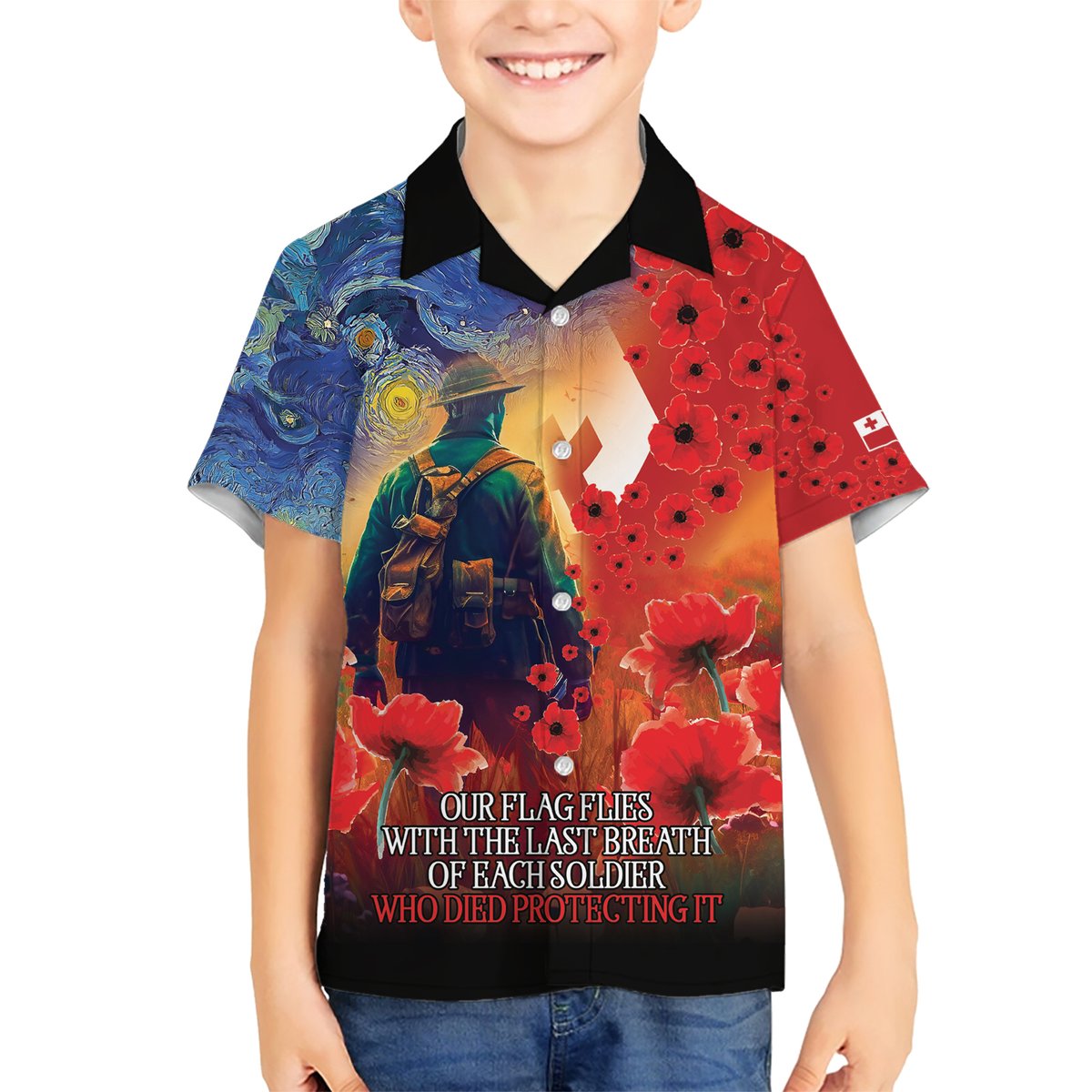 Tonga ANZAC Day Personalised Hawaiian Shirt Soldier Te Tau Manatui Kinautolu with Poppy Field LT9 - Polynesian Pride