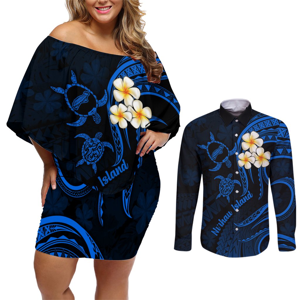 Hawaii Couples Off Shoulder Short Dress and Long Sleeve Button Shirts Niihau Islands Polynesian Sunset Plumeria Blue Vibe LT9 Blue - Polynesian Pride