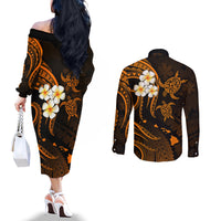 Hawaii Couples Off The Shoulder Long Sleeve Dress and Long Sleeve Button Shirts Niihau Islands Polynesian Sunset Plumeria Gold Vibe LT9 - Polynesian Pride