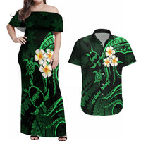 Hawaii Couples Off Shoulder Maxi Dress and Hawaiian Shirt Niihau Islands Polynesian Sunset Plumeria Green Vibe LT9 Green - Polynesian Pride