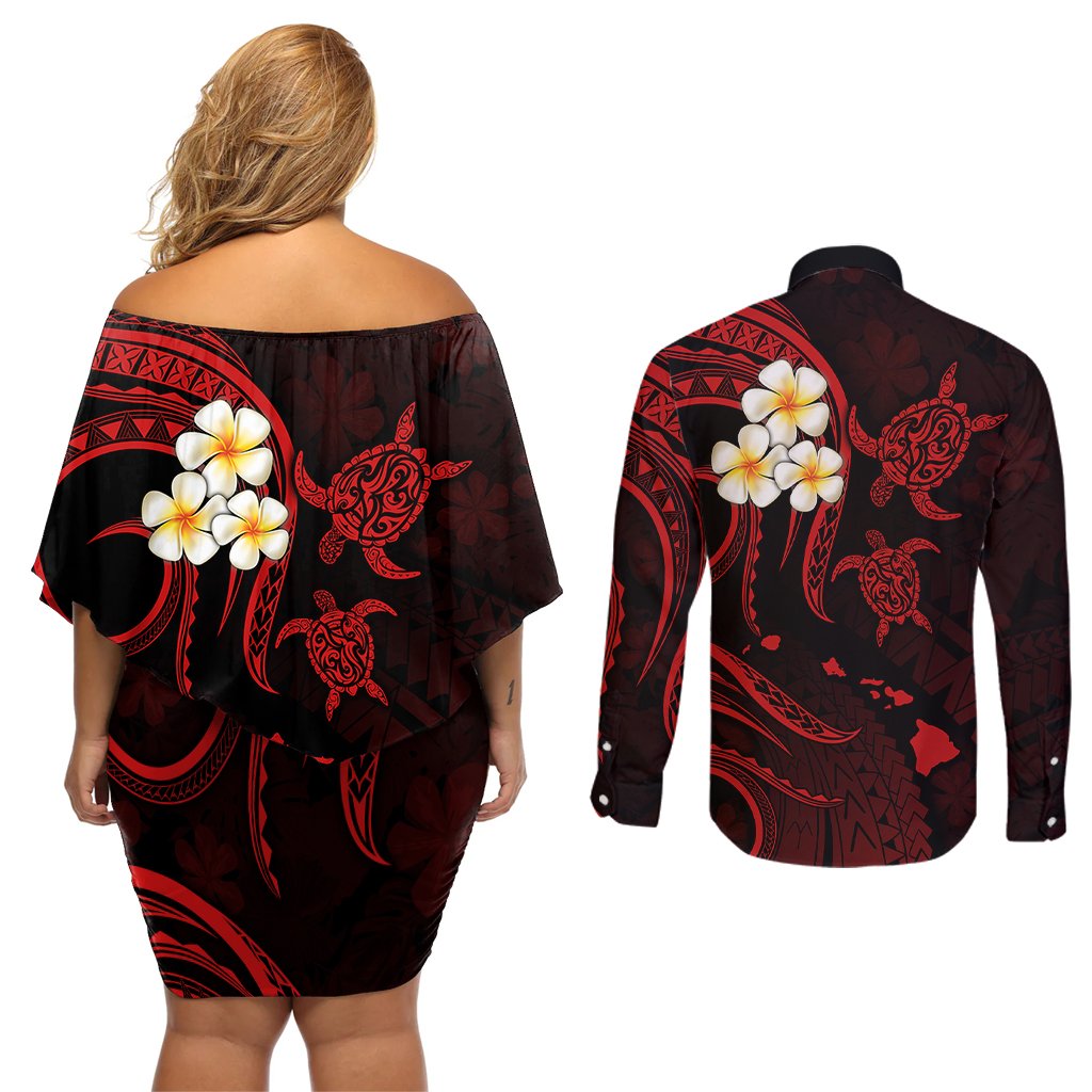 Polynesian Hawaii Couples Off Shoulder Short Dress and Long Sleeve Button Shirts Niihau Islands with Pacific Plumeria Red Vibe LT9 - Polynesian Pride