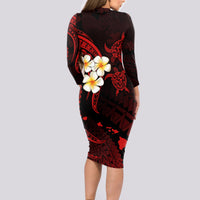 Polynesian Hawaii Long Sleeve Bodycon Dress Niihau Islands with Pacific Plumeria Red Vibe LT9 - Polynesian Pride