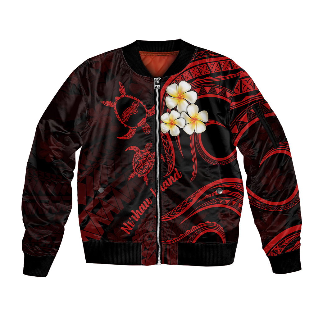 Polynesian Hawaii Sleeve Zip Bomber Jacket Niihau Islands with Pacific Plumeria Red Vibe LT9 Unisex Red - Polynesian Pride