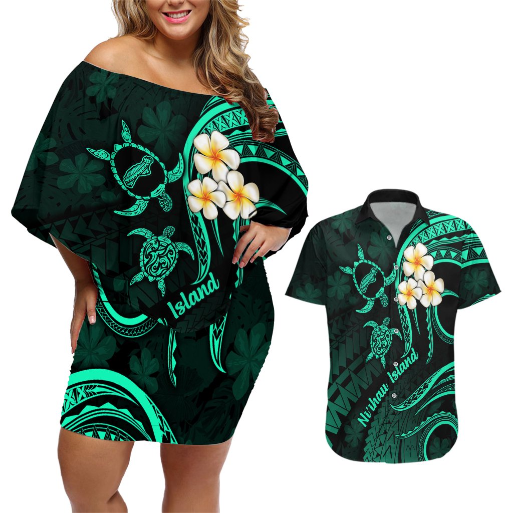 Polynesian Hawaii Couples Off Shoulder Short Dress and Hawaiian Shirt Niihau Islands with Pacific Plumeria Turquoise Vibe LT9 Turquoise - Polynesian Pride