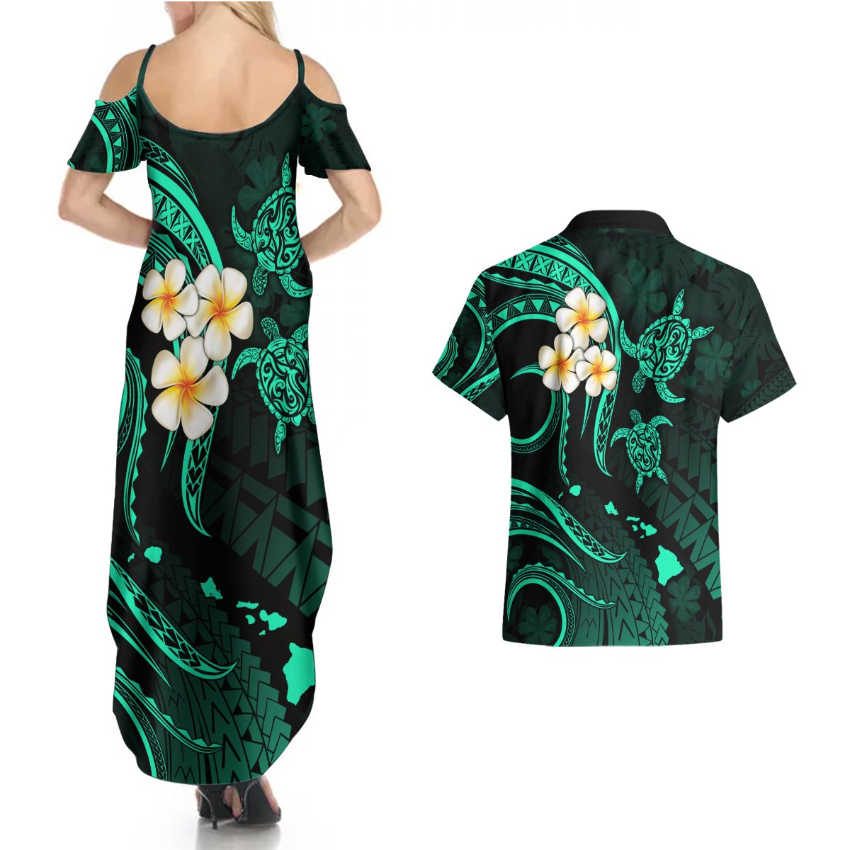 Polynesian Hawaii Couples Summer Maxi Dress and Hawaiian Shirt Niihau Islands with Pacific Plumeria Turquoise Vibe LT9 - Polynesian Pride