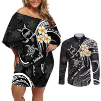 Polynesian Hawaii Couples Off Shoulder Short Dress and Long Sleeve Button Shirts Niihau Islands with Pacific Plumeria White Vibe LT9 White - Polynesian Pride