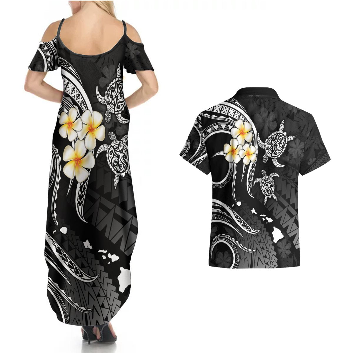 Polynesian Hawaii Couples Summer Maxi Dress and Hawaiian Shirt Niihau Islands with Pacific Plumeria White Vibe LT9 - Polynesian Pride
