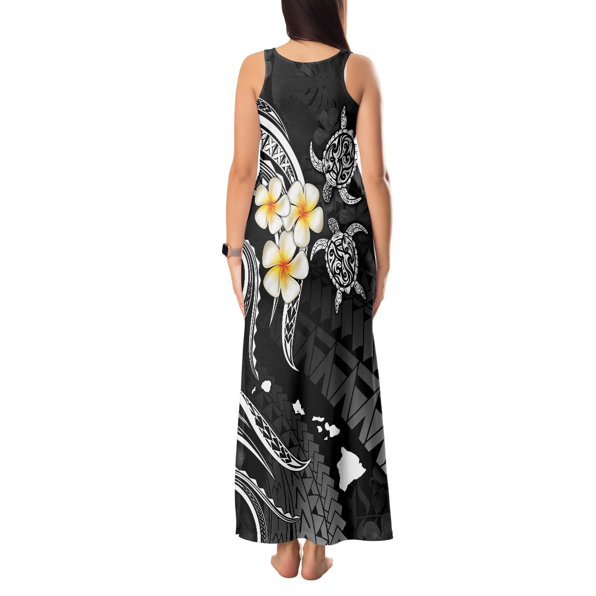 Polynesian Hawaii Tank Maxi Dress Niihau Islands with Pacific Plumeria White Vibe LT9 - Polynesian Pride