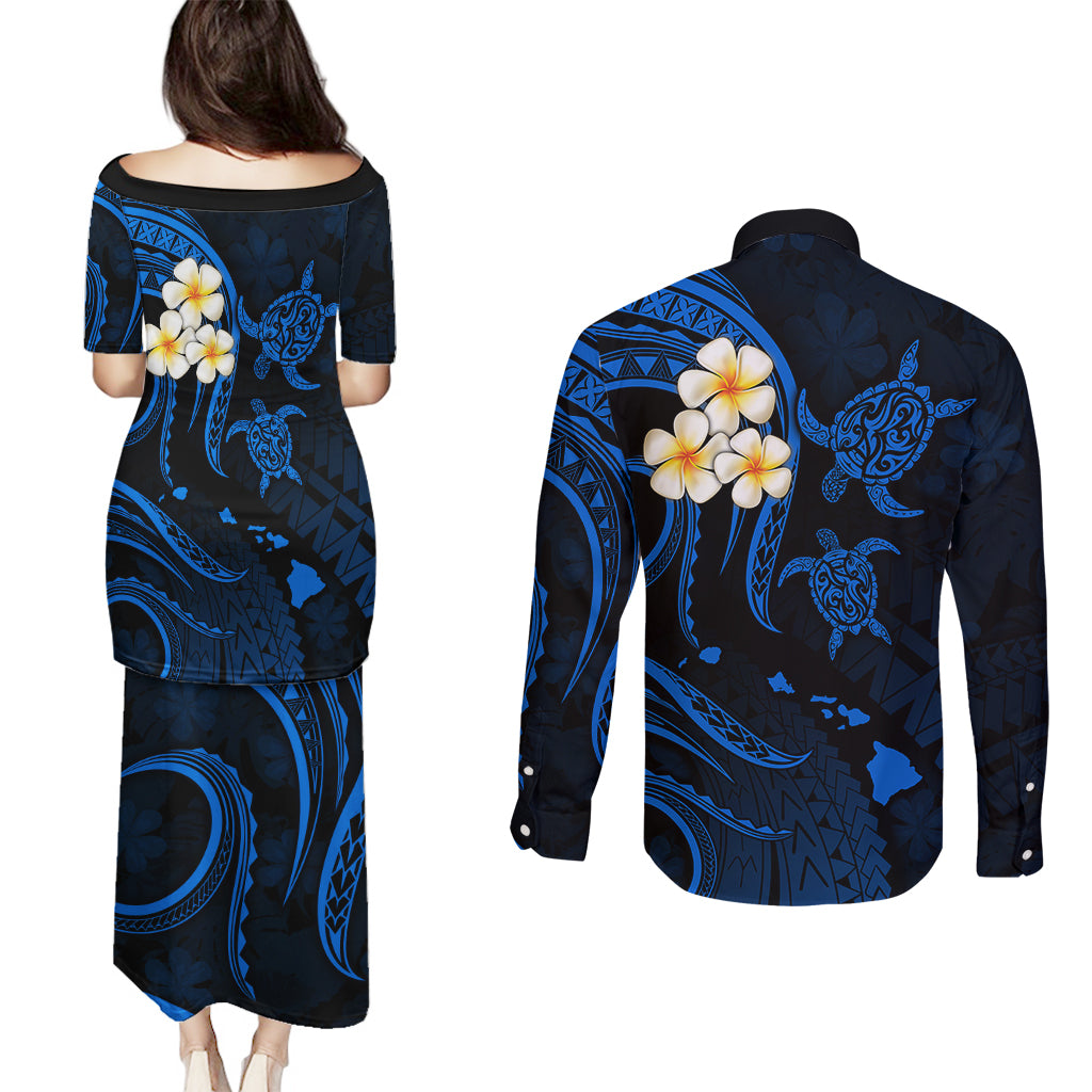 Hawaii Couples Puletasi Dress and Long Sleeve Button Shirts Molokai Islands Polynesian Sunset Plumeria Blue Vibe LT9 - Polynesian Pride