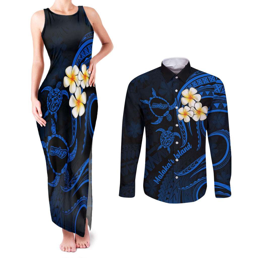 Hawaii Couples Matching Tank Maxi Dress and Long Sleeve Button Shirts Molokai Islands Polynesian Sunset Plumeria Blue Vibe LT9 Blue - Polynesian Pride