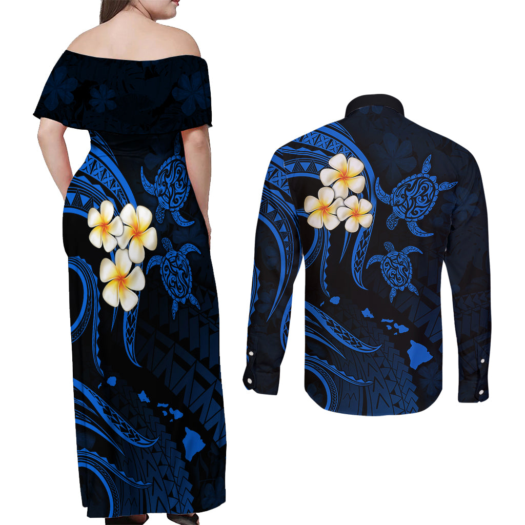 Hawaii Couples Off Shoulder Maxi Dress and Long Sleeve Button Shirts Molokai Islands Polynesian Sunset Plumeria Blue Vibe LT9 - Polynesian Pride